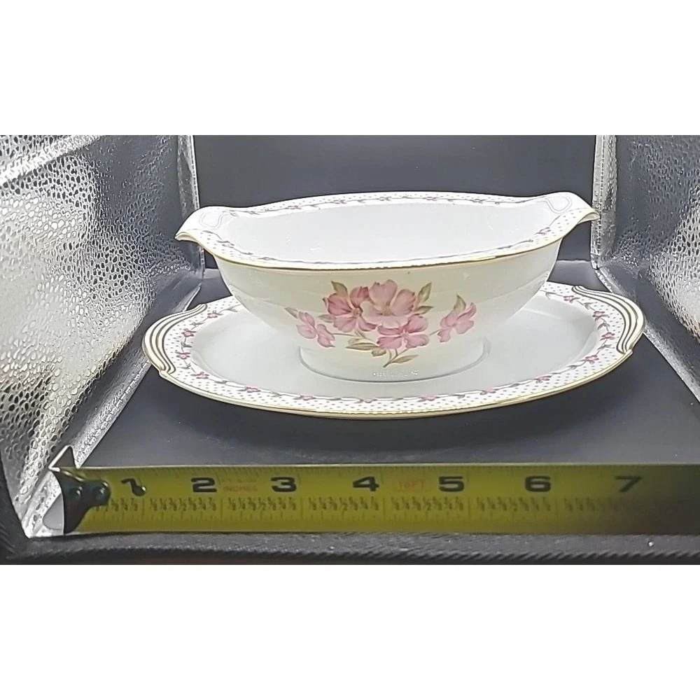 Vintage Noritake Elaine 5210 Gravy Boat Underplate‎ Pink Floral Gold Trim
